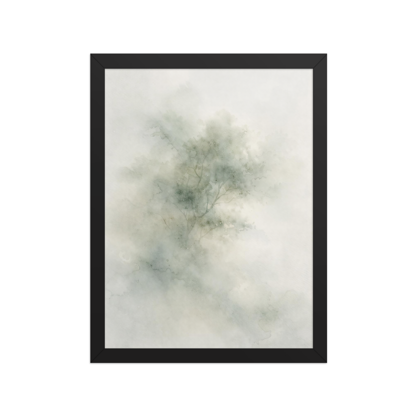 Framed minimalist watercolor-inspired artwork with a softly emerging tree form and subtle neutral tones.
