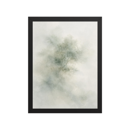 Framed minimalist watercolor-inspired artwork with a softly emerging tree form and subtle neutral tones.