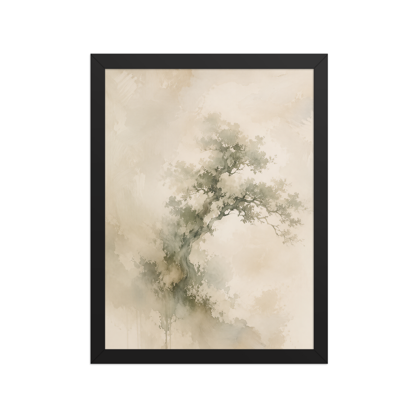 Framed minimalist nature-inspired poster featuring an emerging tree form in soft earthy neutral tones.