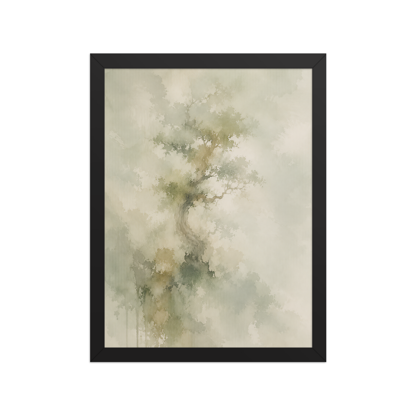 Framed minimalist nature-inspired poster featuring a softly emerging tree form in muted neutral tones and organic watercolor textures.