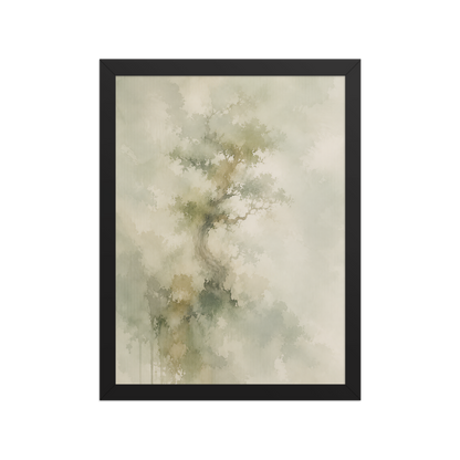 Framed minimalist nature-inspired poster featuring a softly emerging tree form in muted neutral tones and organic watercolor textures.