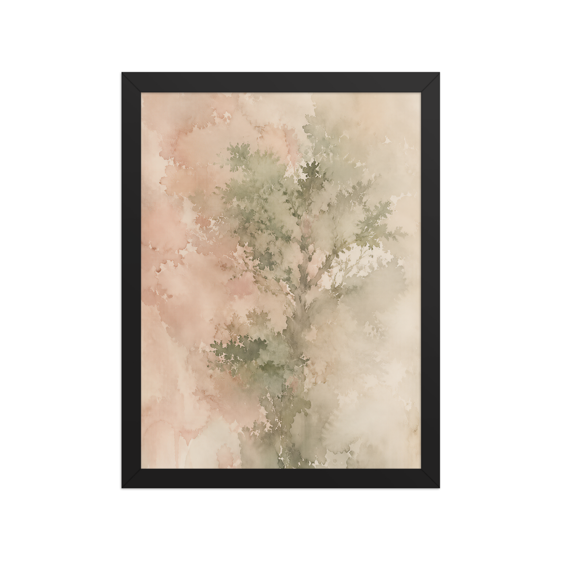 Framed minimalist nature-inspired poster featuring a softly emerging tree form in blush, sage, and warm neutral tones.