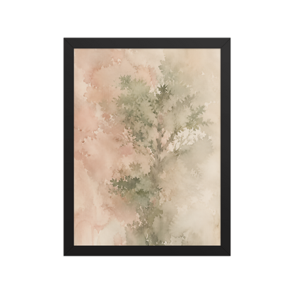 Framed minimalist nature-inspired poster featuring a softly emerging tree form in blush, sage, and warm neutral tones.