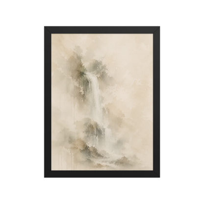 Framed waterfall-inspired poster featuring soft flowing forms in warm neutral and muted earth tones.