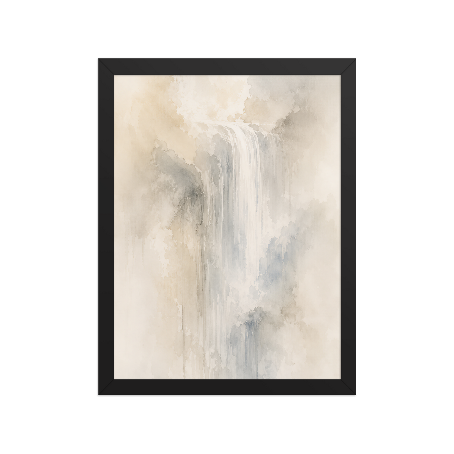 Framed waterfall-inspired poster with soft flowing forms in warm neutrals, misty blues, and subtle organic textures.