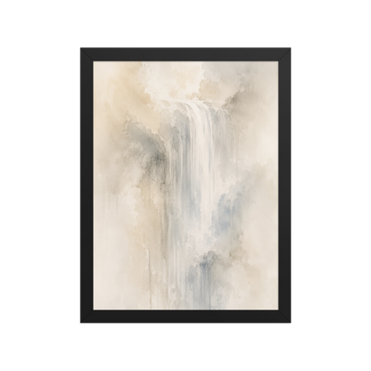 Framed waterfall-inspired poster with soft flowing forms in warm neutrals, misty blues, and subtle organic textures.