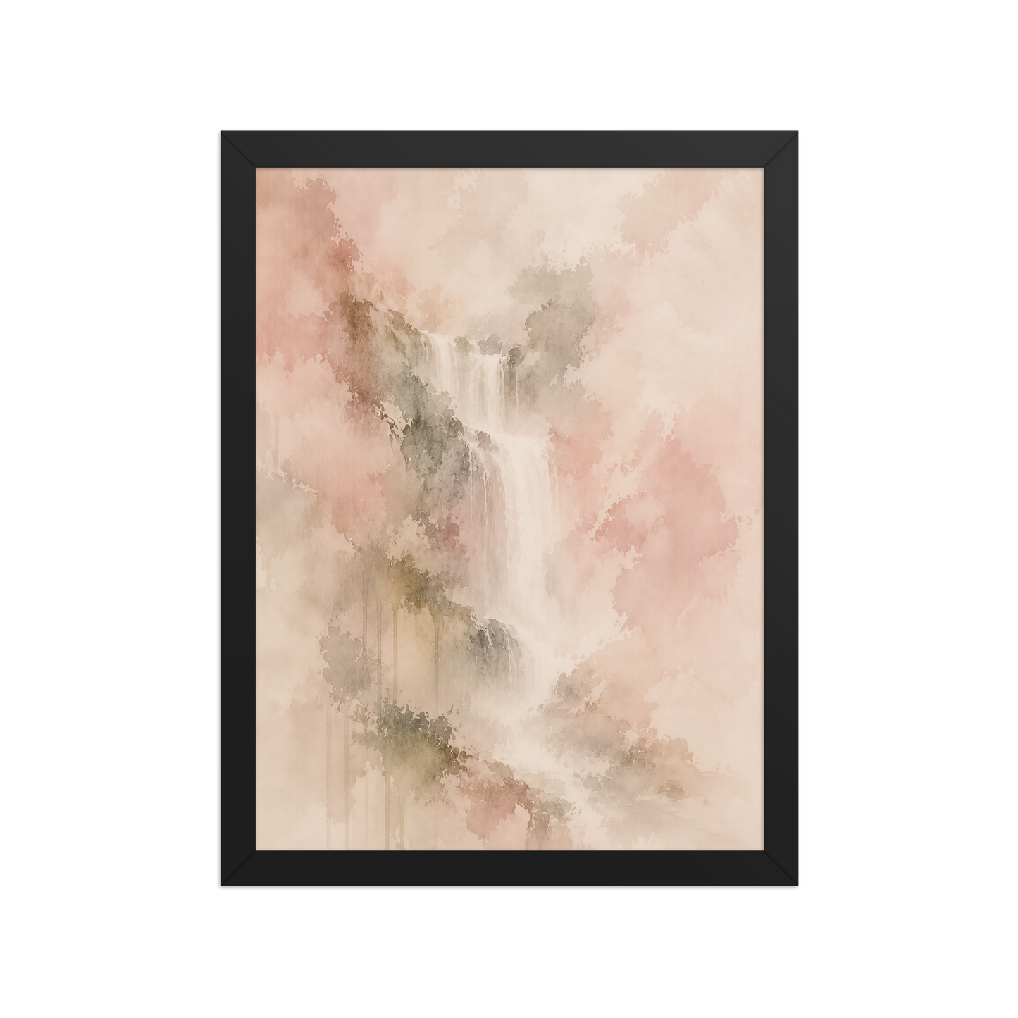 Framed waterfall-inspired poster featuring soft flowing forms in blush, warm neutral, and muted earth tones.