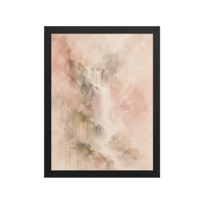 Framed waterfall-inspired poster featuring soft flowing forms in blush, warm neutral, and muted earth tones.