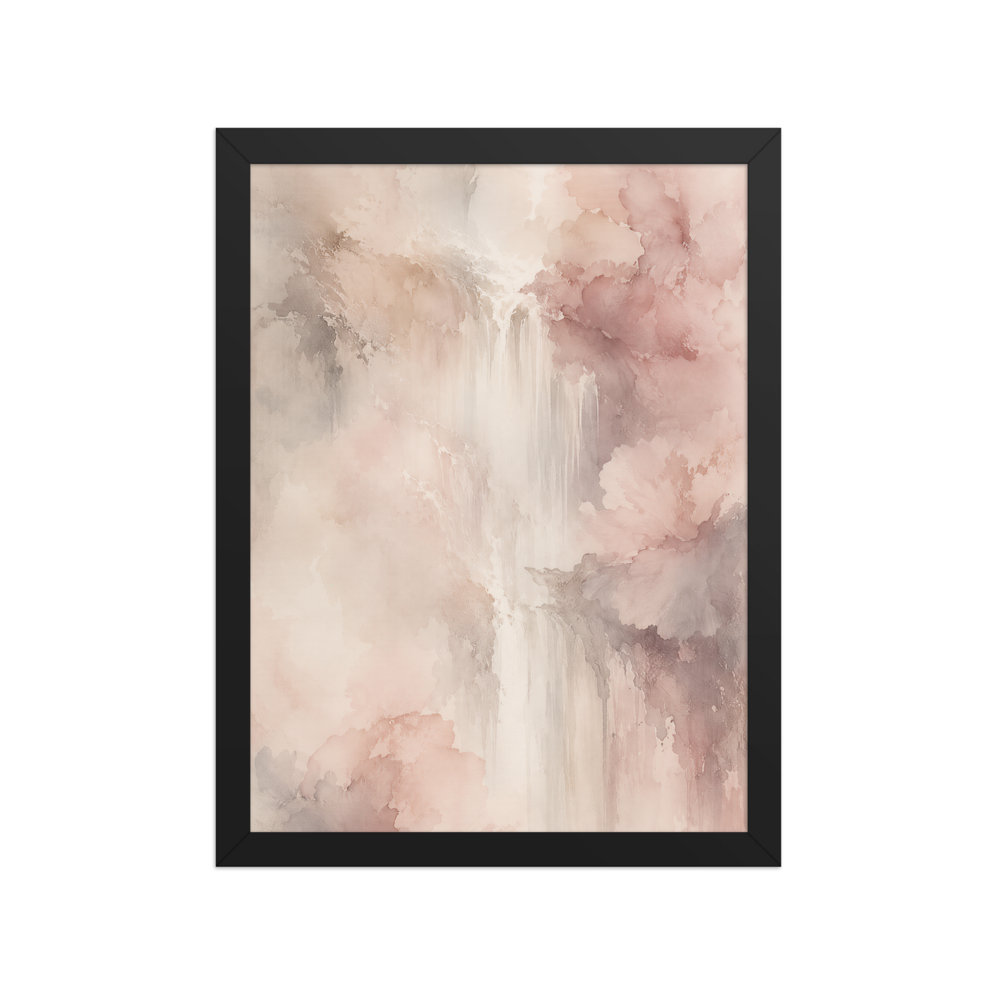 Framed waterfall-inspired poster featuring soft flowing forms in blush pink, warm neutrals, and muted earth tones.