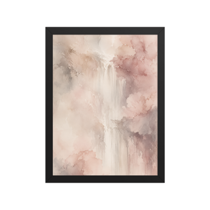 Framed waterfall-inspired poster featuring soft flowing forms in blush pink, warm neutrals, and muted earth tones.