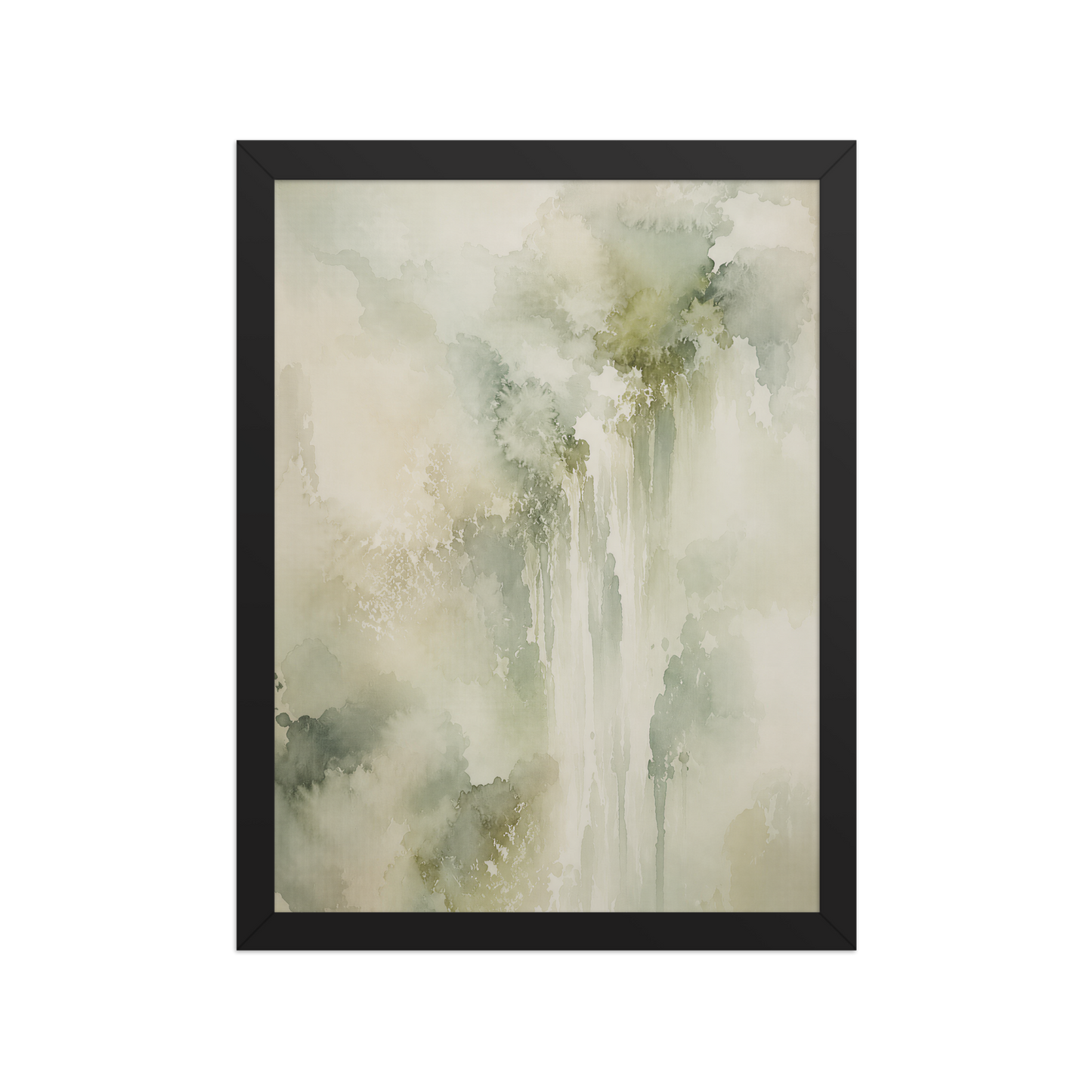 Framed waterfall-inspired poster featuring soft flowing forms in sage green, warm neutrals, and muted natural tones.