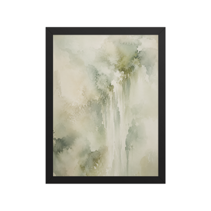 Framed waterfall-inspired poster featuring soft flowing forms in sage green, warm neutrals, and muted natural tones.