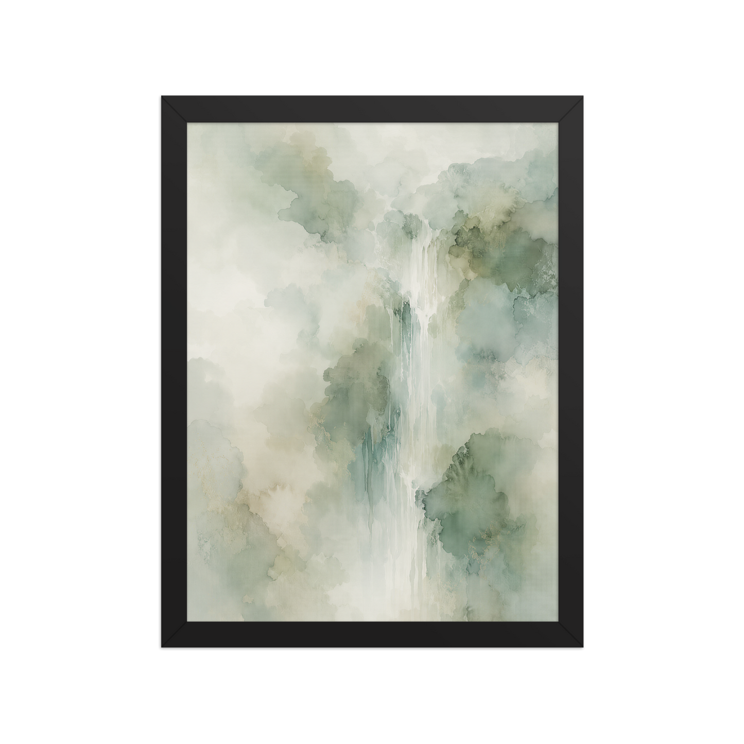 Framed waterfall-inspired poster with soft sage green tones, flowing water, and organic watercolor textures.