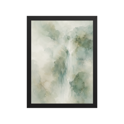 Framed waterfall-inspired poster with soft sage green tones, flowing water, and organic watercolor textures.