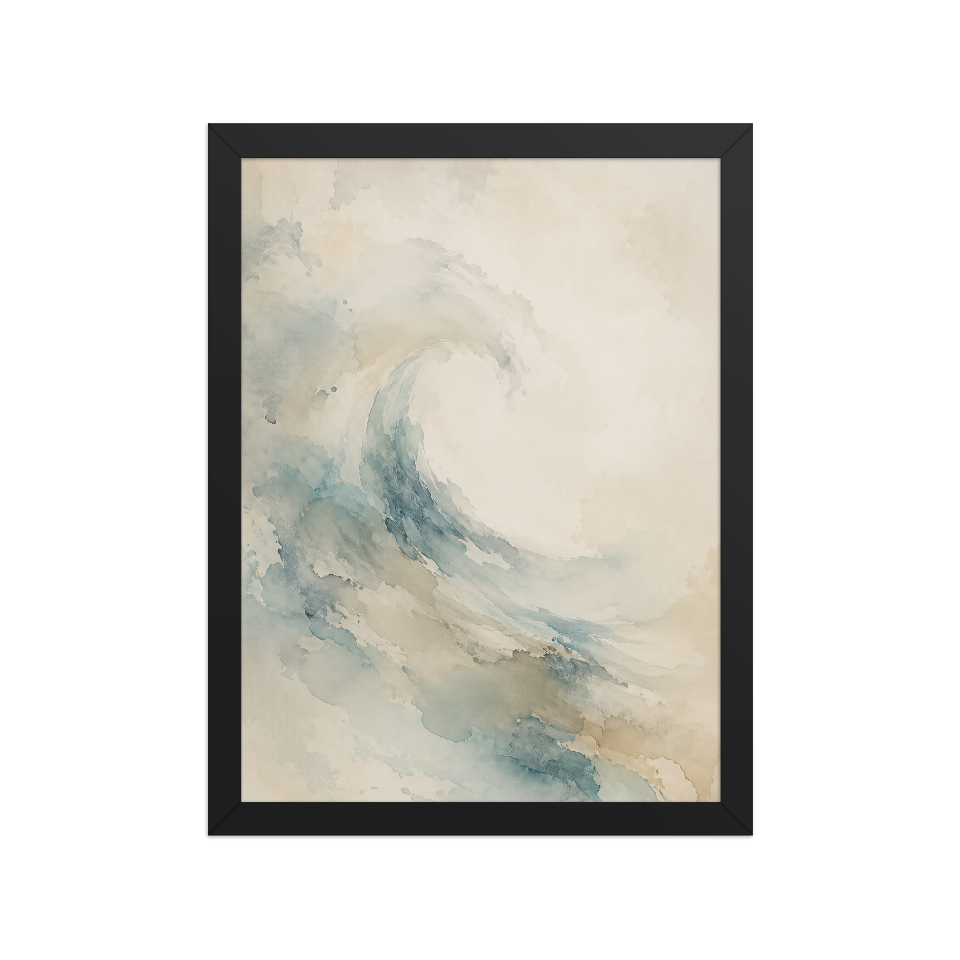Framed ocean wave-inspired poster with flowing watercolor textures in soft blue, sand, and warm neutral tones.