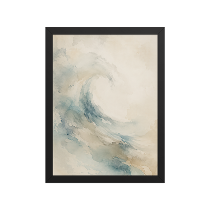 Framed ocean wave-inspired poster with flowing watercolor textures in soft blue, sand, and warm neutral tones.