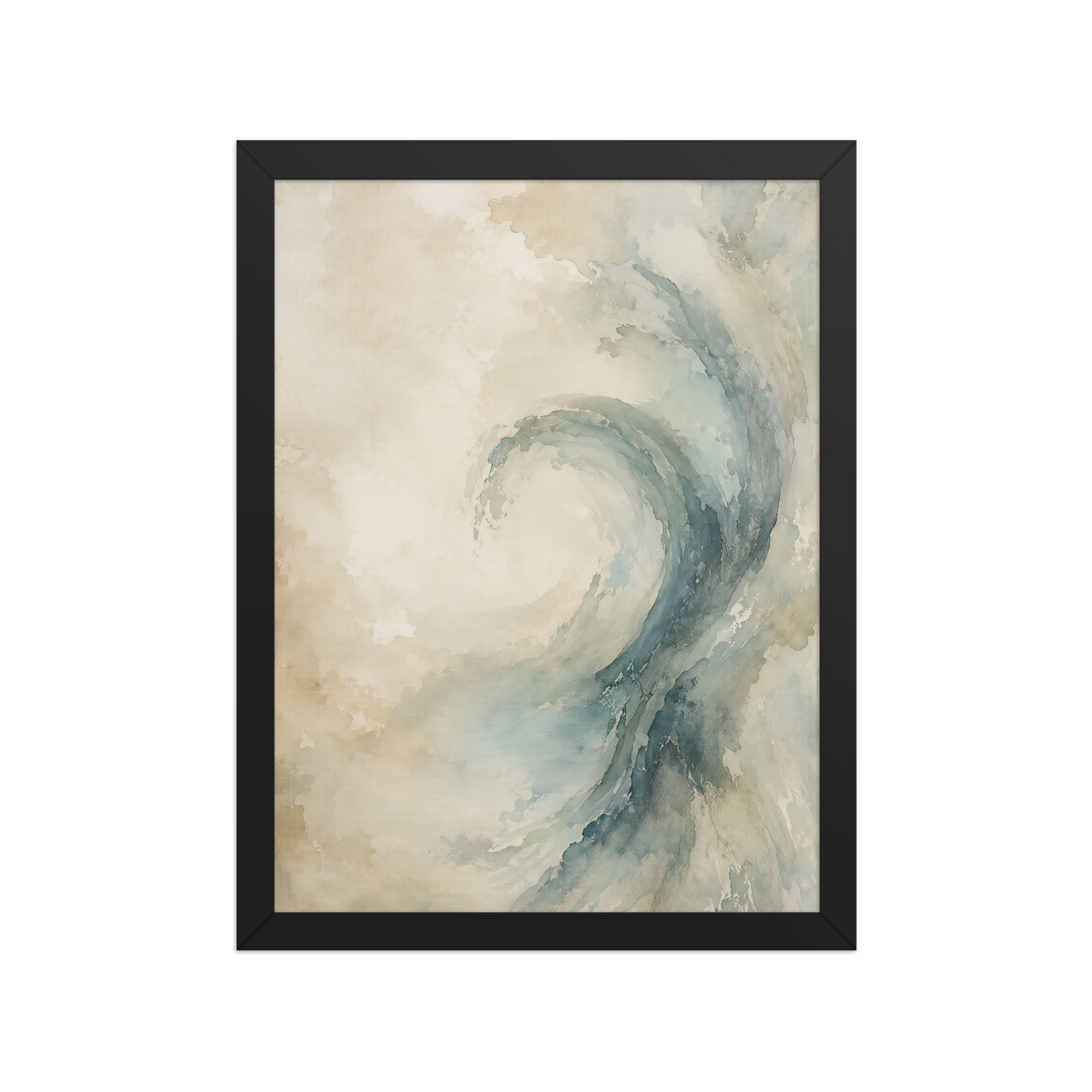 Framed ocean wave-inspired poster with flowing watercolor textures in soft blue, ivory, and warm neutral tones.