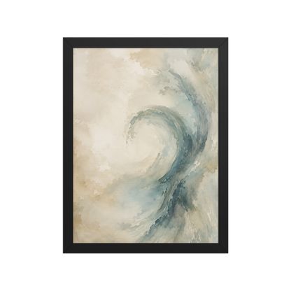 Framed ocean wave-inspired poster with flowing watercolor textures in soft blue, ivory, and warm neutral tones.
