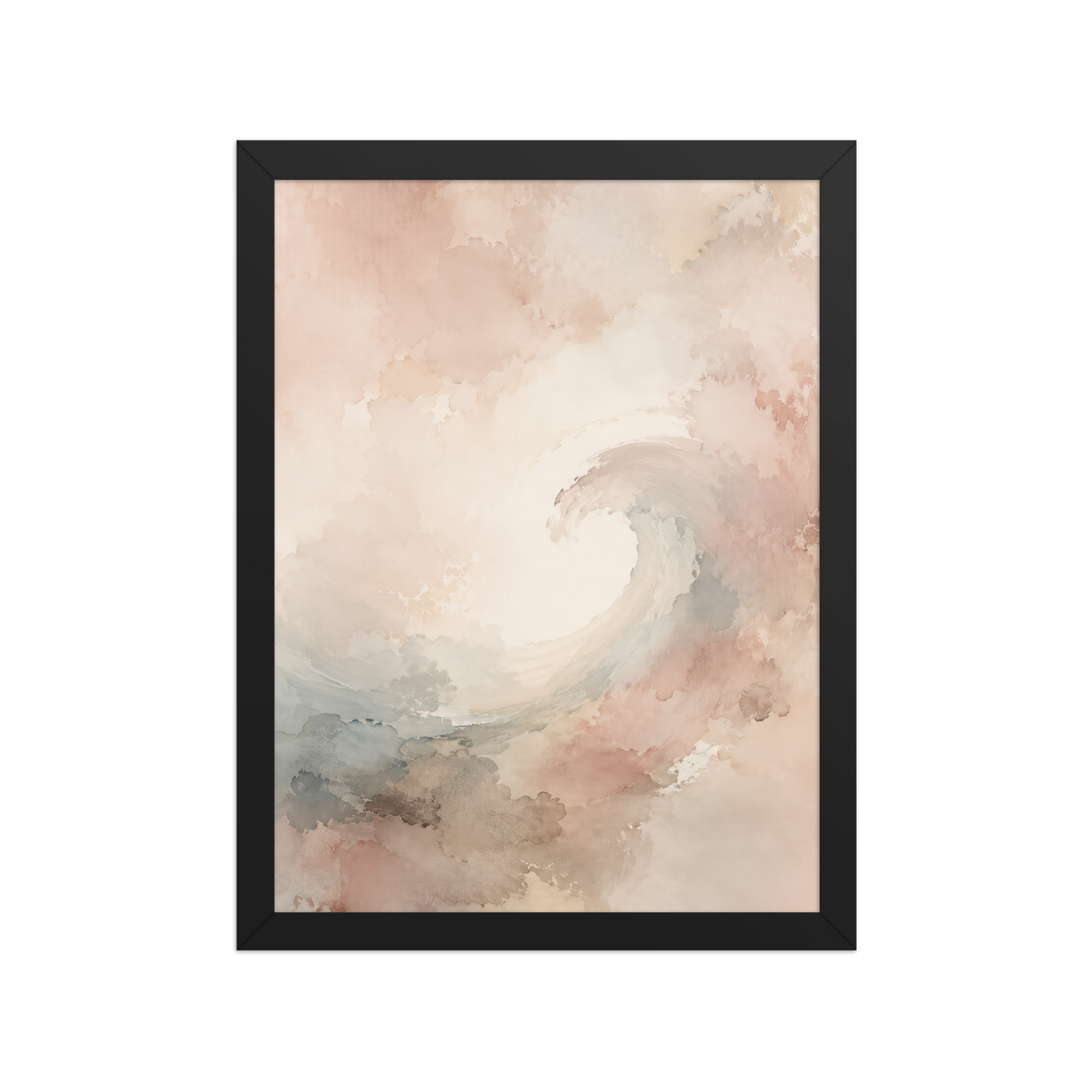 Framed ocean wave-inspired poster with flowing watercolor textures in blush, soft blue, and warm neutral tones.