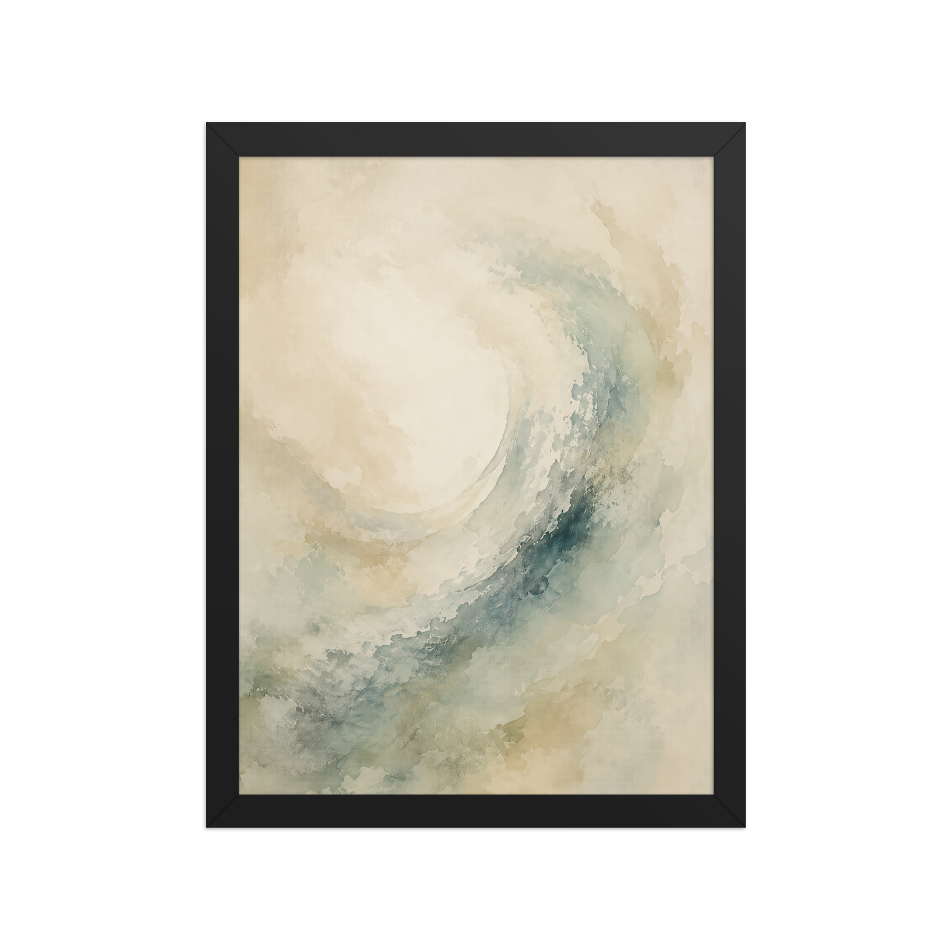 Framed ocean wave-inspired poster with flowing watercolor textures in soft blue, sage, and warm neutral tones.