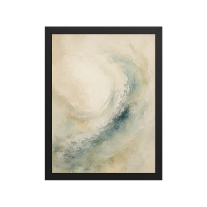Framed ocean wave-inspired poster with flowing watercolor textures in soft blue, sage, and warm neutral tones.