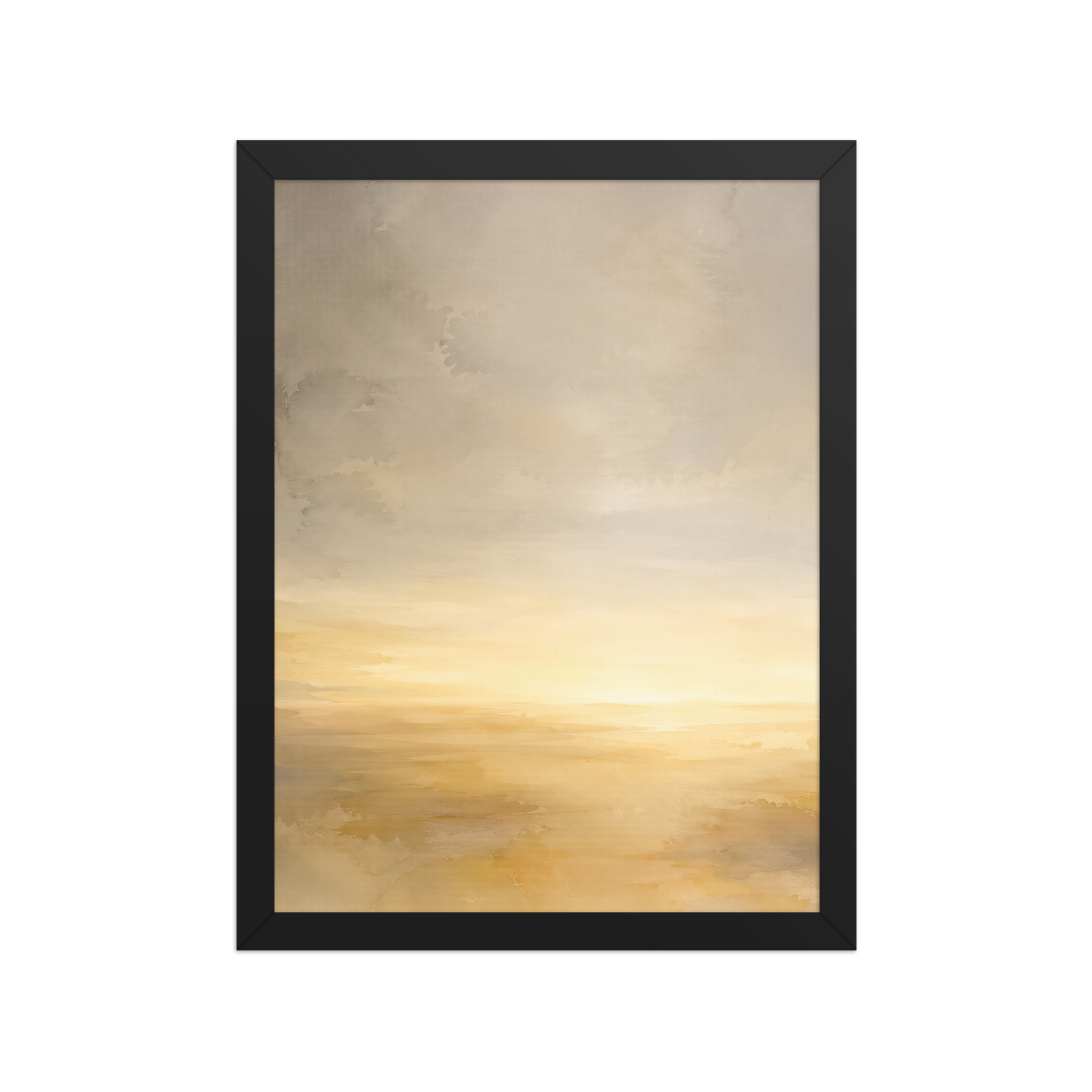 Framed sunrise poster featuring a glowing ocean horizon with soft watercolor textures in warm gold, ivory, and neutral tones.