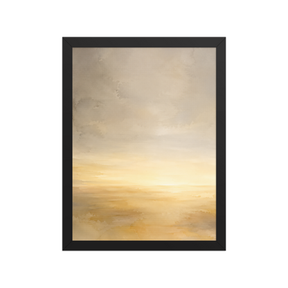 Framed sunrise poster featuring a glowing ocean horizon with soft watercolor textures in warm gold, ivory, and neutral tones.