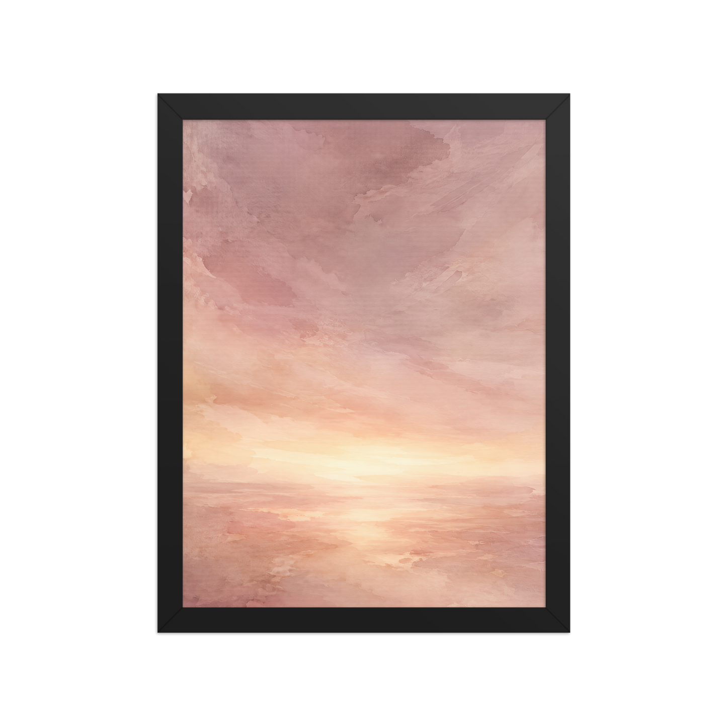 Framed sunrise poster with a glowing blush ocean horizon and soft watercolor textures in pink, peach, and warm neutral tones.