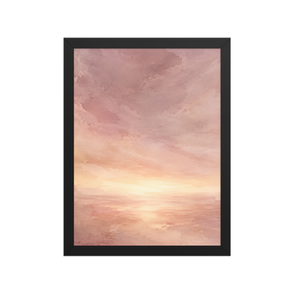 Framed sunrise poster with a glowing blush ocean horizon and soft watercolor textures in pink, peach, and warm neutral tones.