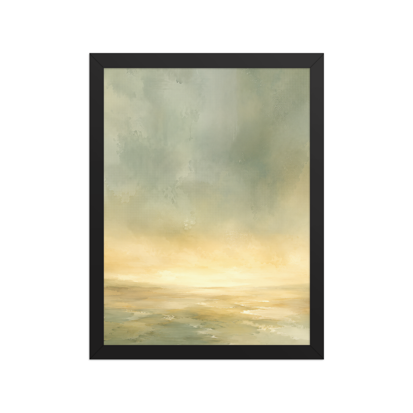 Framed sunrise poster featuring a glowing ocean horizon with soft sage green, warm gold, and watercolor textures.