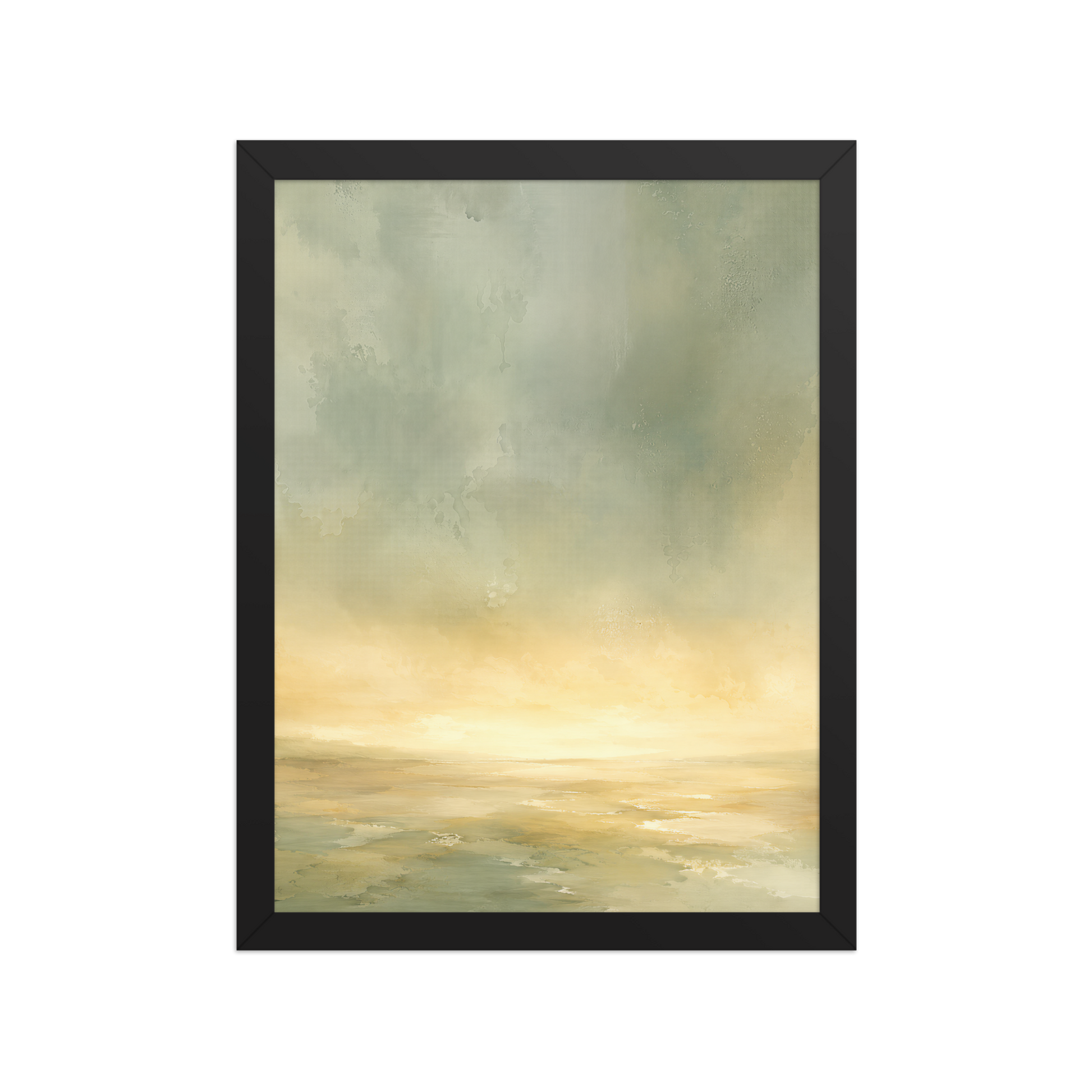 Framed sunrise poster featuring a glowing ocean horizon with soft sage green, warm gold, and watercolor textures.