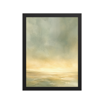 Framed sunrise poster featuring a glowing ocean horizon with soft sage green, warm gold, and watercolor textures.