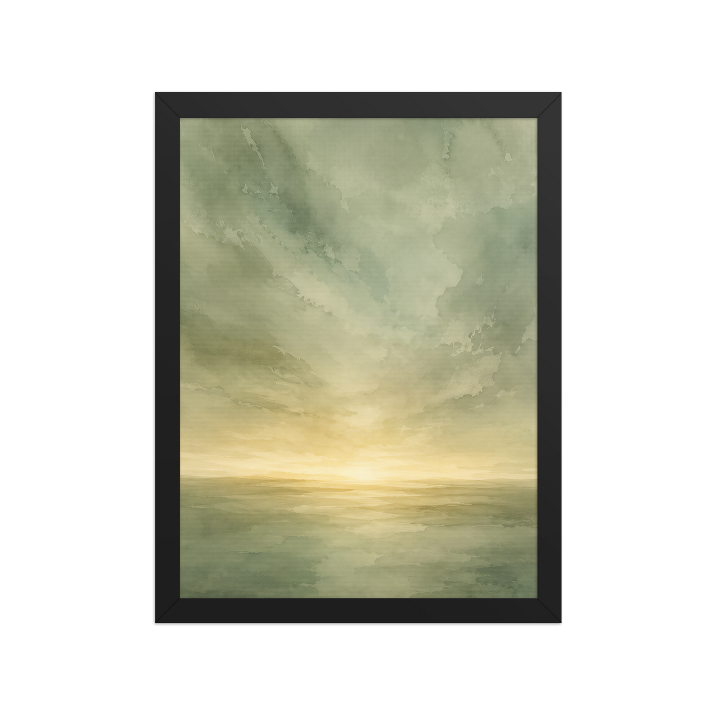 Framed sunrise poster featuring a glowing ocean horizon with soft sage green watercolor textures and warm golden light.