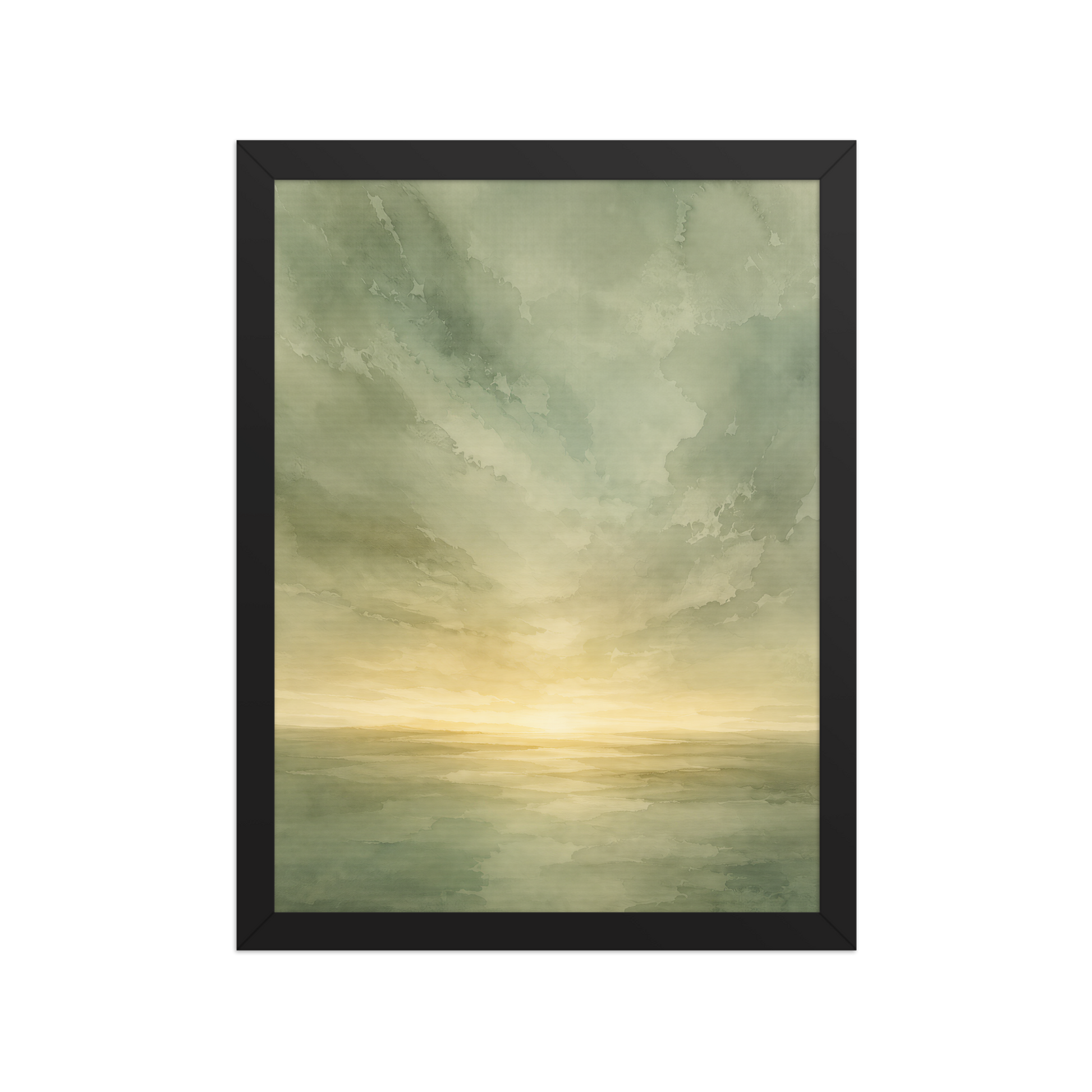 Framed sunrise poster featuring a glowing ocean horizon with soft sage green watercolor textures and warm golden light.
