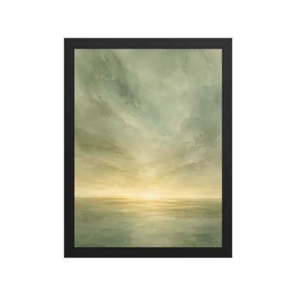 Framed sunrise poster featuring a glowing ocean horizon with soft sage green watercolor textures and warm golden light.