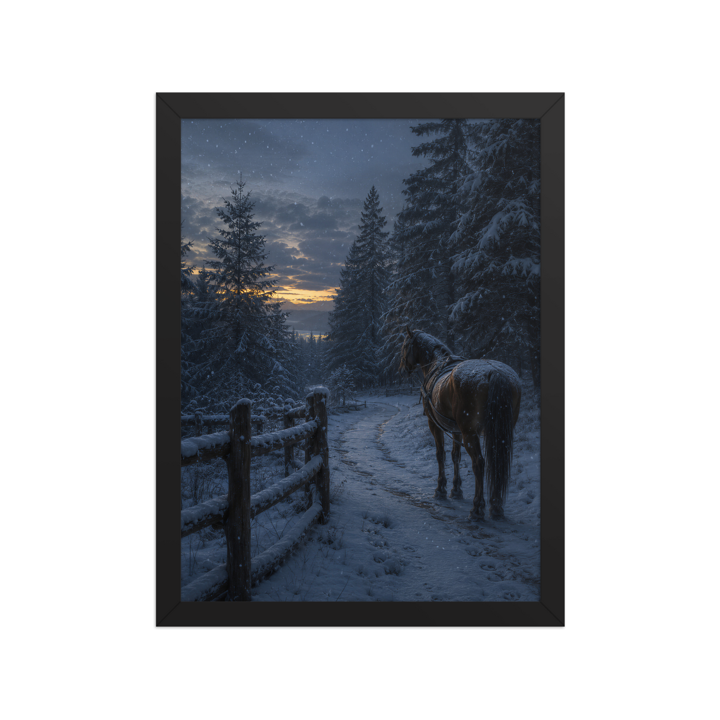 Framed winter forest poster featuring a lone horse on a snowy woodland path at twilight, inspired by Robert Frost's Miles to go, original Visual Poetry artwork.