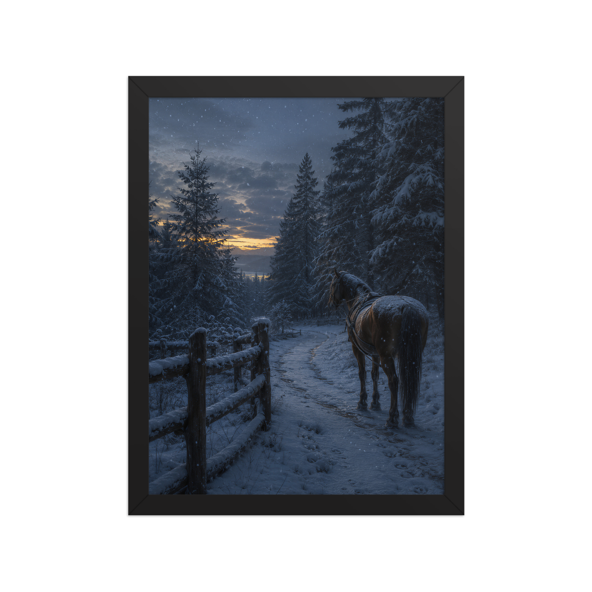 Framed winter forest poster featuring a lone horse on a snowy woodland path at twilight, inspired by Robert Frost's Miles to go, original Visual Poetry artwork.