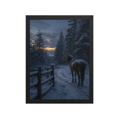 Framed winter forest poster featuring a lone horse on a snowy woodland path at twilight, inspired by Robert Frost's Miles to go, original Visual Poetry artwork.