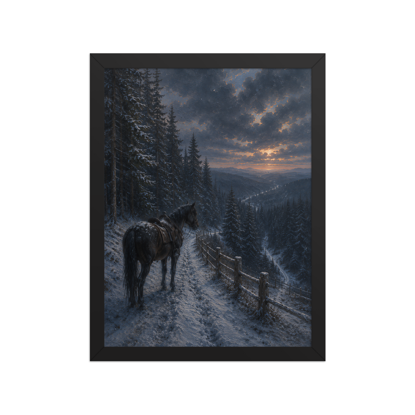 Framed mountain trail poster featuring a lone horse overlooking a snowy valley at winter sunset, inspired by Robert Frost's The Road Not Taken, original Visual Poetry artwork.