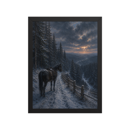Framed mountain trail poster featuring a lone horse overlooking a snowy valley at winter sunset, inspired by Robert Frost's The Road Not Taken, original Visual Poetry artwork.