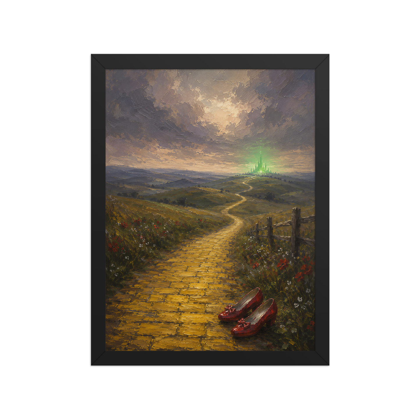 Framed Yellow Brick Road poster featuring ruby slippers beside a winding golden path leading toward a distant emerald city, inspired by There's No Place Like Home, original Visual Poetry artwork.