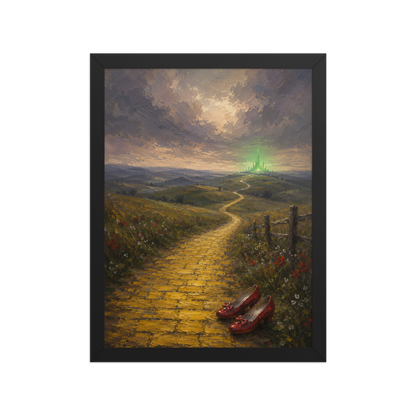 Framed Yellow Brick Road poster featuring ruby slippers beside a winding golden path leading toward a distant emerald city, inspired by There's No Place Like Home, original Visual Poetry artwork.