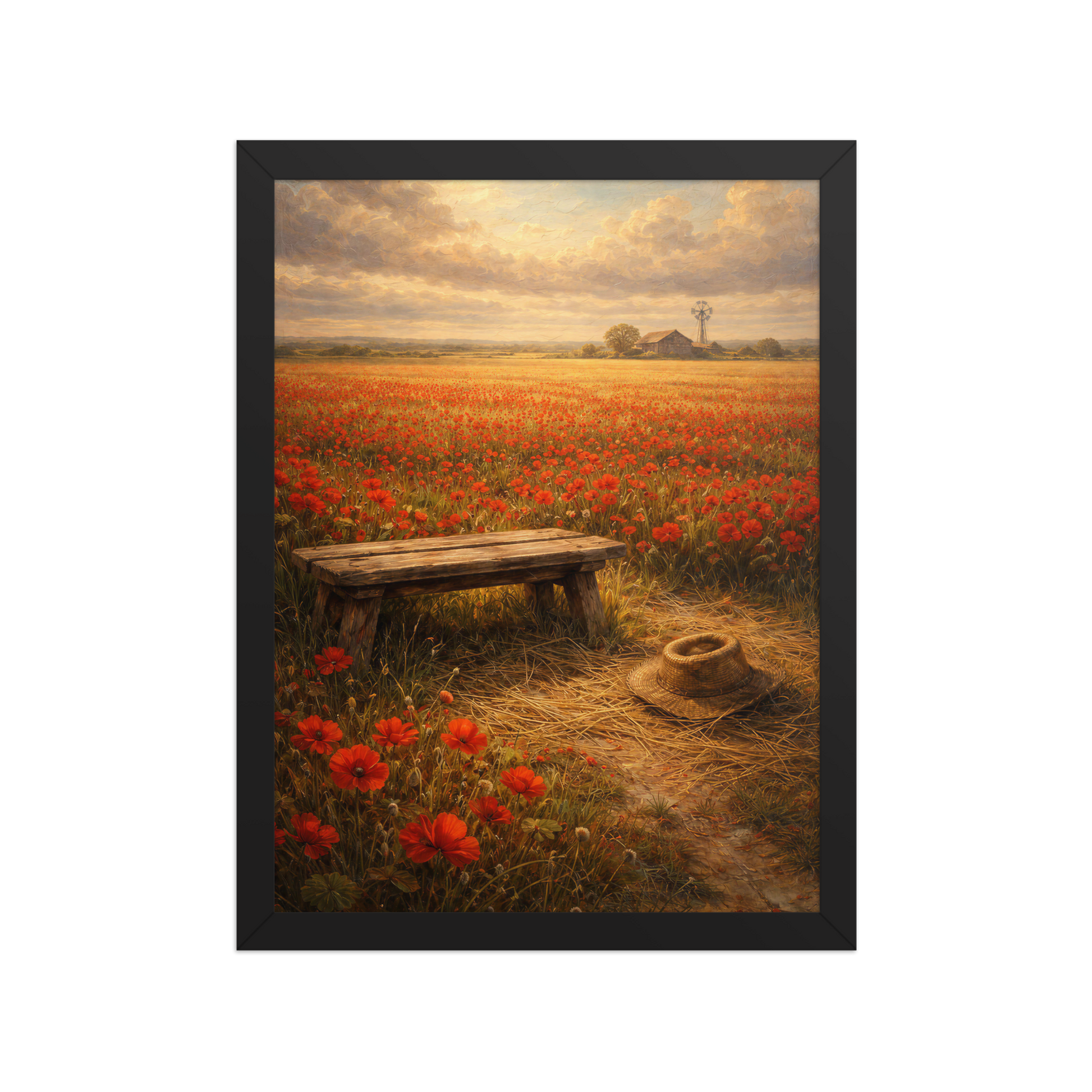Framed Poppy Field poster featuring a rustic bench, straw hat, and a vast field of red poppies beneath a glowing countryside sky, inspired by The Deadly Poppy Field, original Visual Poetry artwork.