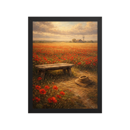 Framed Poppy Field poster featuring a rustic bench, straw hat, and a vast field of red poppies beneath a glowing countryside sky, inspired by The Deadly Poppy Field, original Visual Poetry artwork.