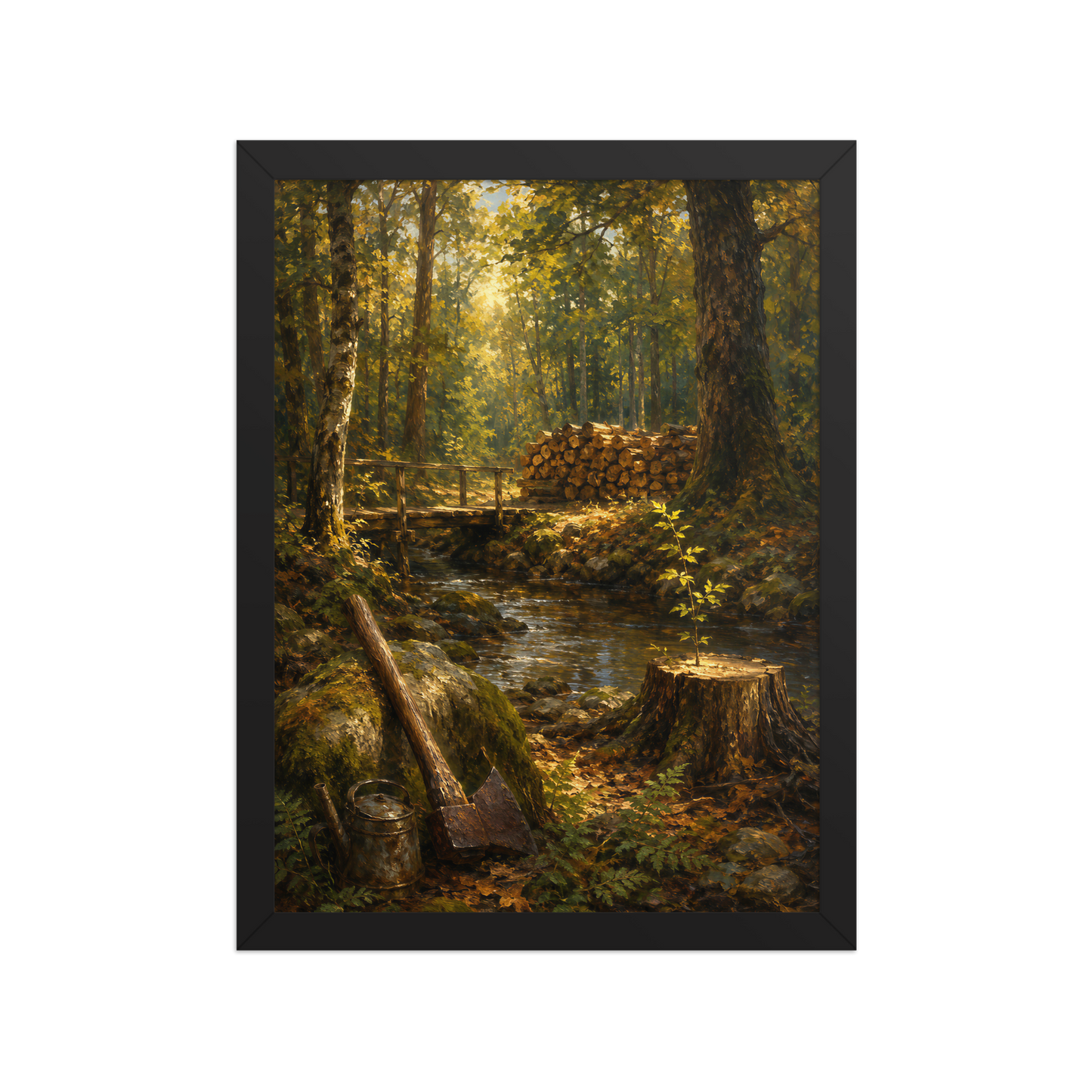 Framed Forest Clearing poster featuring a woodland stream, rustic bridge, axe, stacked firewood, and a young sapling growing from a tree stump, inspired by Follow the Yellow Brick Road, original Visual Poetry artwork.