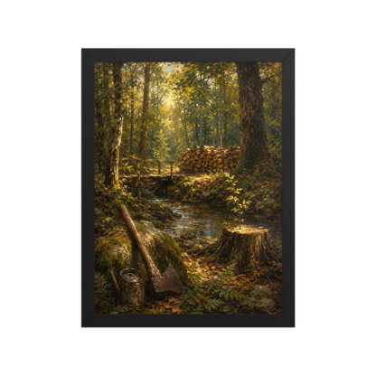 Framed Forest Clearing poster featuring a woodland stream, rustic bridge, axe, stacked firewood, and a young sapling growing from a tree stump, inspired by Follow the Yellow Brick Road, original Visual Poetry artwork.