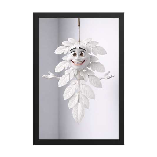 Whimsical leaf character wall art poster, framed matte paper print with illustrated faces in leaves for modern home decor