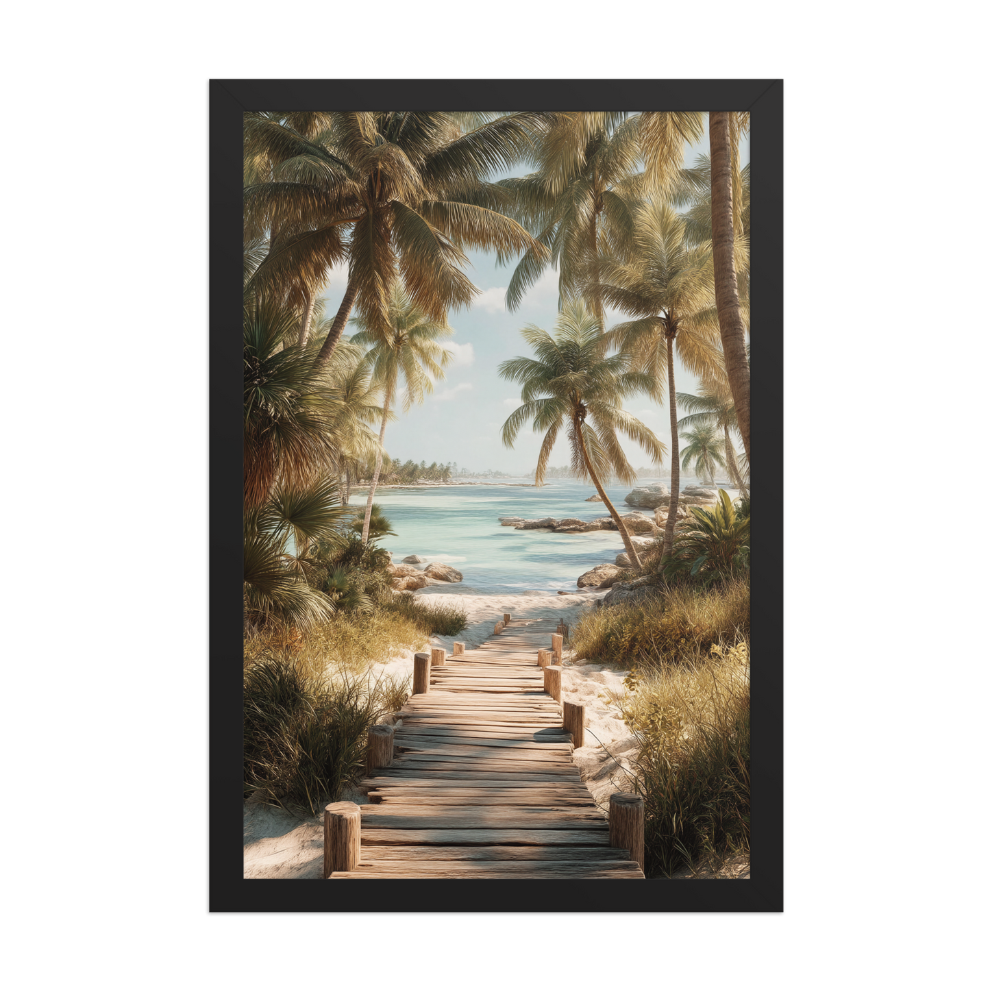 Wooden boardwalk path through tropical palm trees 
leading to calm turquoise beach, framed wall art print, 
black frame, JMTR Jeometry Store
