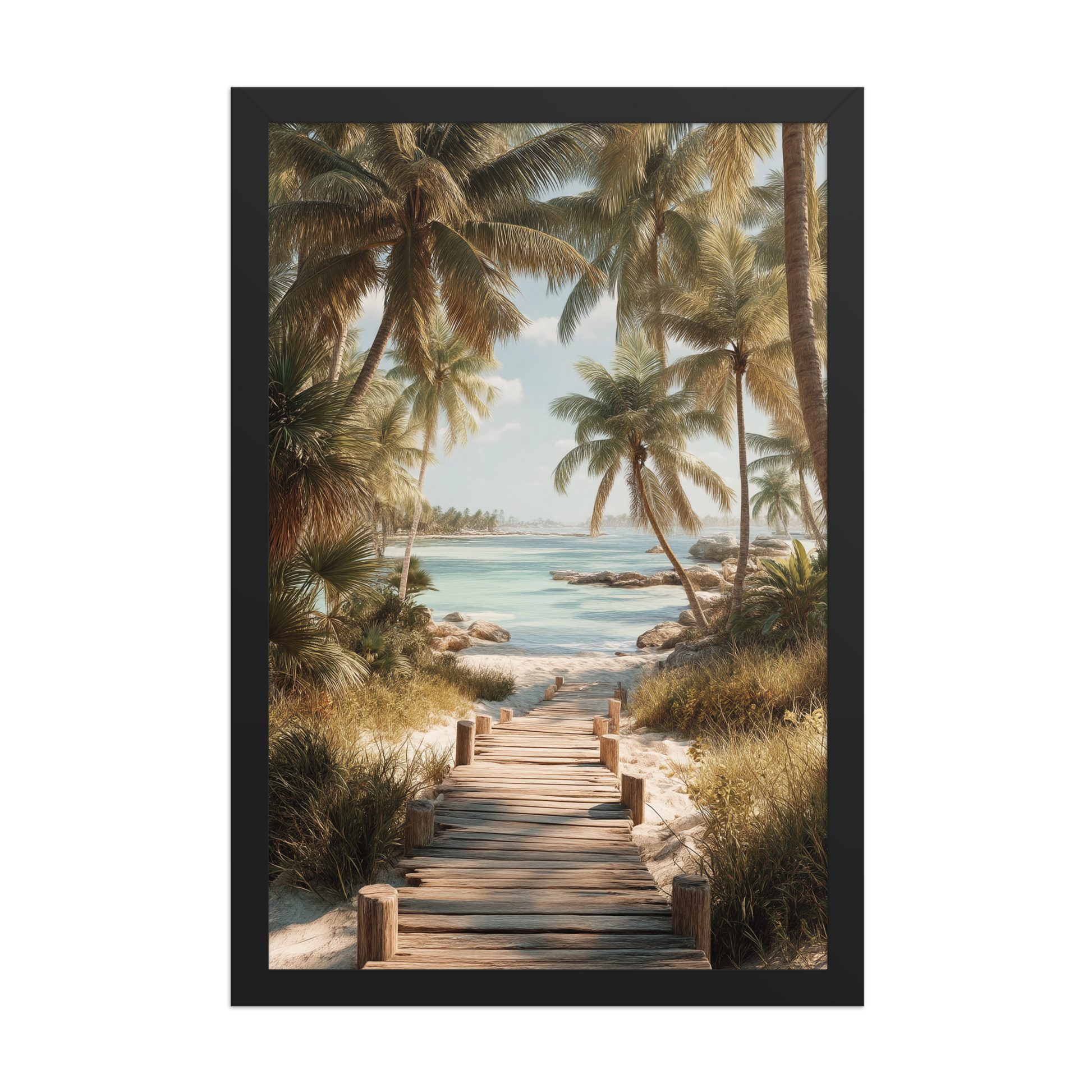 Wooden boardwalk path through tropical palm trees 
leading to calm turquoise beach, framed wall art print, 
black frame, JMTR Jeometry Store