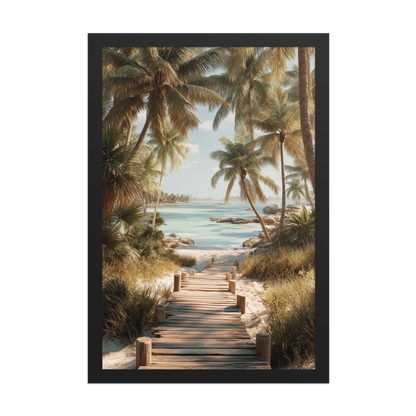 Wooden boardwalk path through tropical palm trees 
leading to calm turquoise beach, framed wall art print, 
black frame, JMTR Jeometry Store